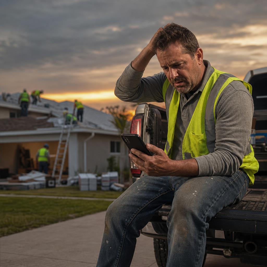 Frustrated roofer on job site missing calls