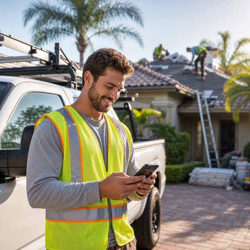 Smiling roofer looking at booked appointments on phone